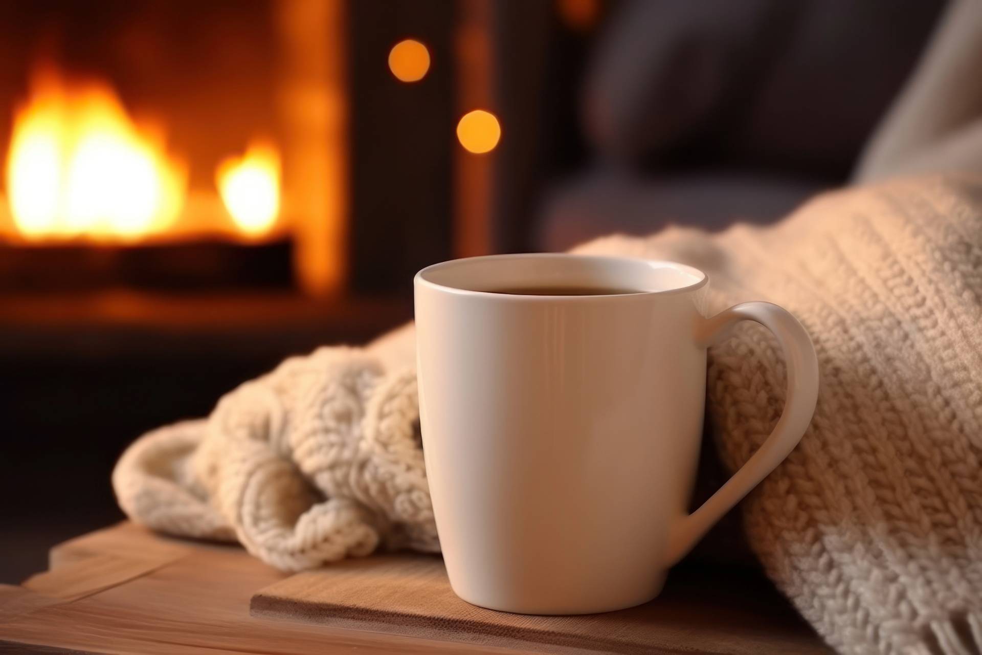 Closeup of a white mug full of a hot beverage with a tan blanket in the background in front of a fireplace.